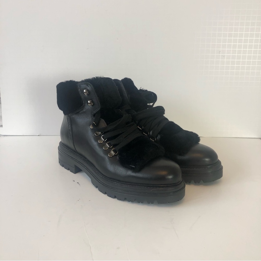 Elena Solano Black Leather Lace Up Chunky Combat Boots Size 9